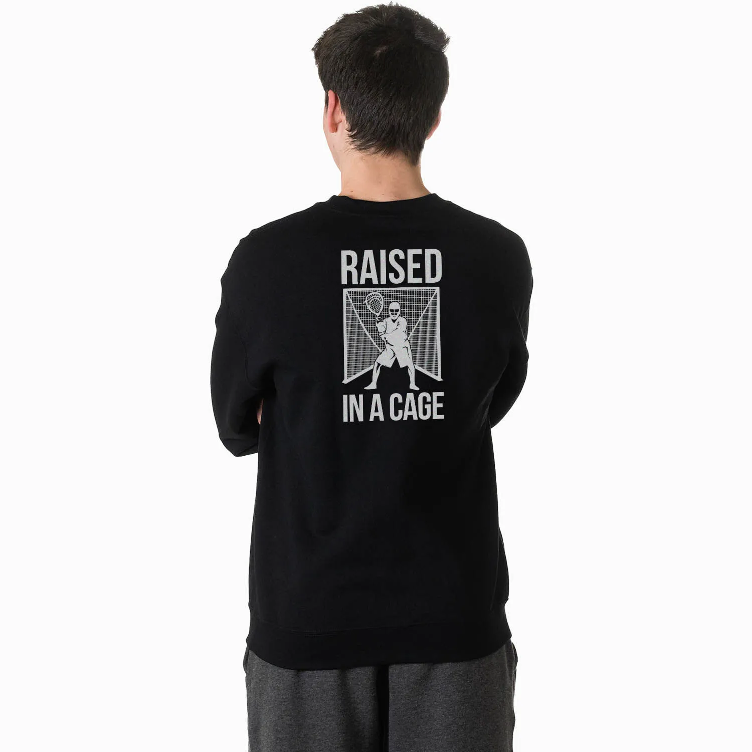 Guys Lacrosse Crewneck Sweatshirt - Raised In A Cage (Back Design) 